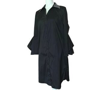 MING WANG black shirt dress bell sleeve button front knee length M medium